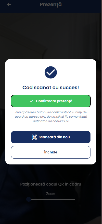 Confirmarea prezenței după scanarea codului QR